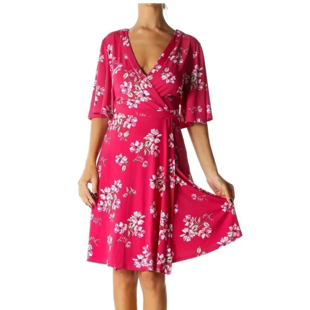 TORRID Sz 6(6X) Womens Knit Wrap Dress Short Sleeve Raspberry/White Floral Boho